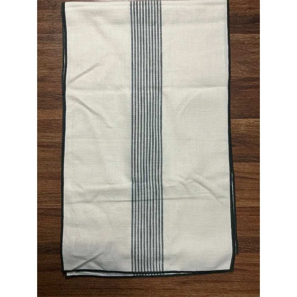Crate & Barrel White/Navy Blue Organic Cotton Merrow Stitch Stripe Table Runner